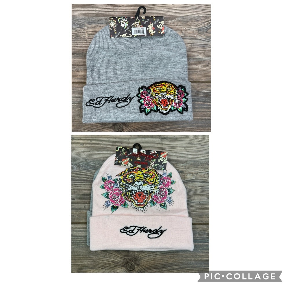 Ed Hardy 2-Pack Knit Beanie Hat Tiger Roses Pink Gray Rhinestone Womens Stretch